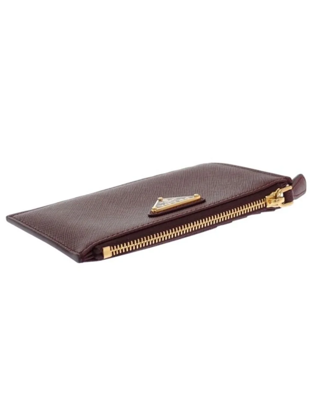 Prada Saffiano Triangle Card Case Bordeaux Burgundy Gold Genus